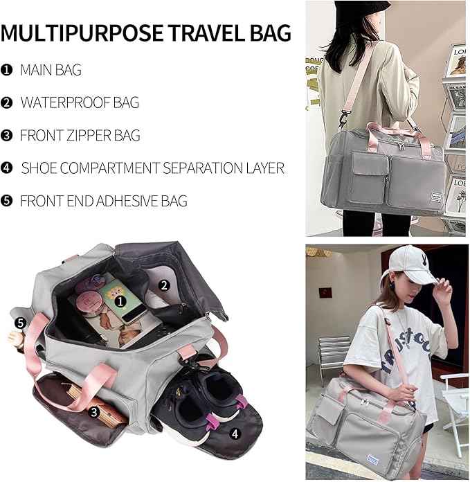 Travel Duffel Tote Bag with Dry Wet Separation Pocket, Weekender Bag for Women and Men,Waterproof Bag with Shoe Compartment Lightweight and Easy Carry on Grey