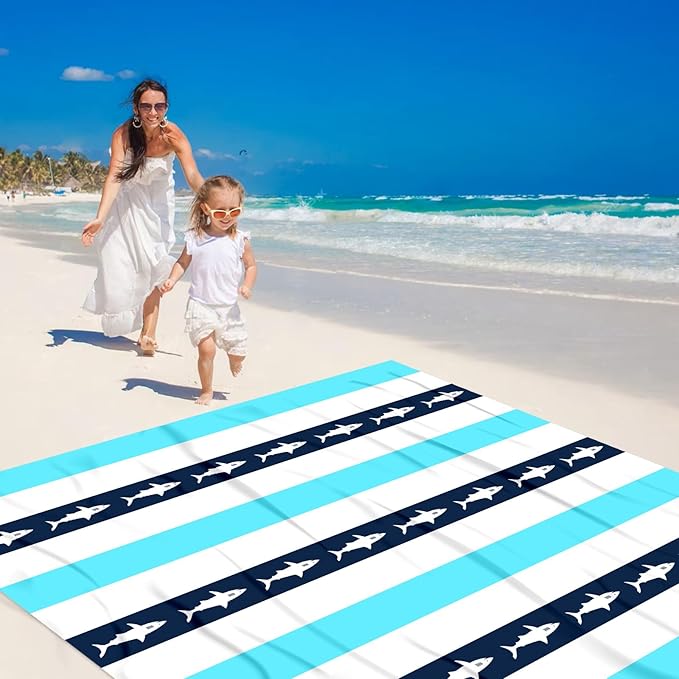 Waterproof Sandproof Beach Blanket, Blue Stripe Shark Beach Mat Oversized for 2-4 Person, Compact Sand Free Quick Dry Polyester Outdoor Picnic Blanket for Travel, Camping, Hiking