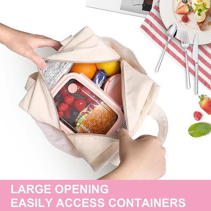 Joymee Leather Lunch Box Lunch Bag for Women Adult Insulated Reusable Leakproof Large Spacious Lunch Cooler Lunch Tote Bag with Bottle Holder and Side Pockets for Work Picnic Beach (Letter LUNCH)