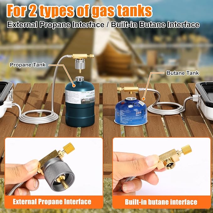 Hisencn Portable Camping Stove, 2 Burner Foldable Camp Stove, 20000 BTU Folding Gas Stove, Portable Propane Stove with Carry Bag, Adjustable Burners & Piezo Ignition, Includes Frying Pan, Kettle, Pot