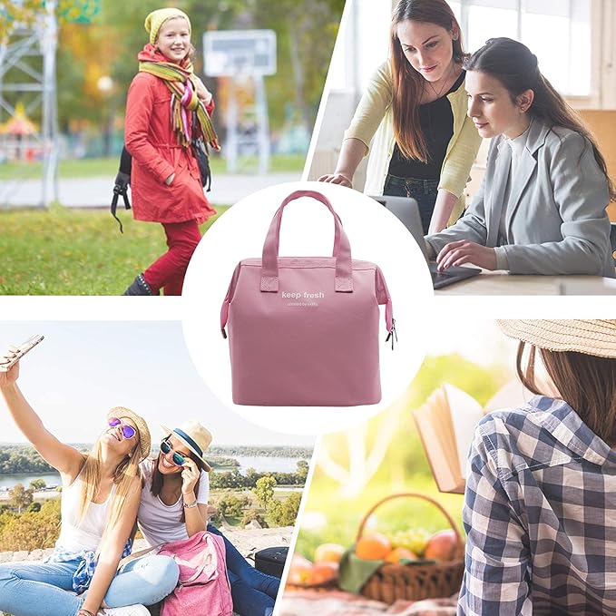 Mziart Insulated Lunch Bag Simple Bento Cooler Bag Lunch Tote Bag for Lunch Box for Women Men Adult Picnic Working Hiking Beach (Pink)