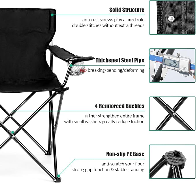 HaSteeL Camping Chair, Oversized Folding Lawn Chair for Adults, Foldable Camp Chair with Cup Holders Portable for Outdoor Fishing, Hiking, Travel, Picnic, Beach, Carrying Bag & Supports 275lbs (Black)