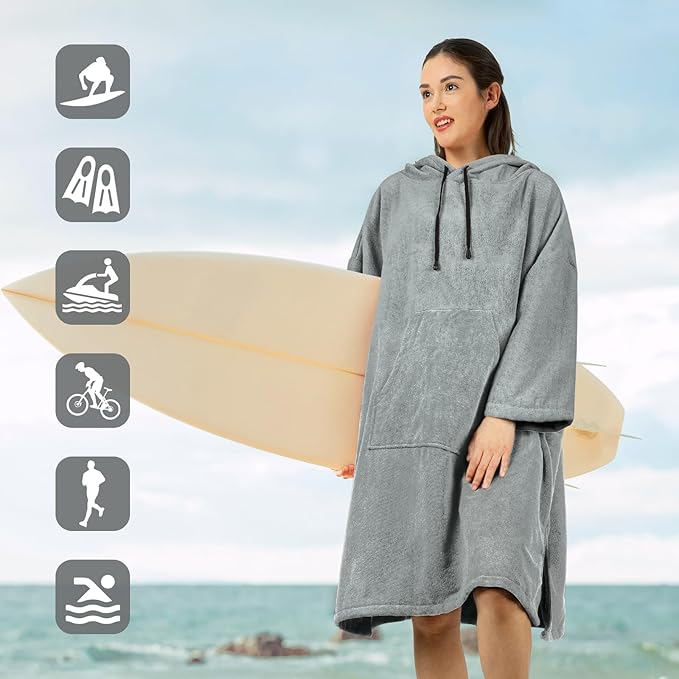 Surf Poncho Changing Robe, 3/4 Sleeve Extra Large Thick Hoodie Towel Poncho for Men Women Beach Swimming, 39"x33", Gray