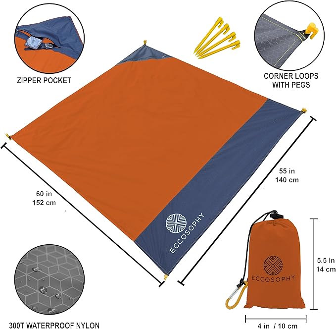 ECCOSOPHY Sand Proof Beach Blanket - Waterproof Picnic Blanket 60x55 Outdoor Compact Pocket Blanket Lightweight Ground Cover for Hiking Camping Festivals Sports Travel with Bag & Stakes (Terracotta)