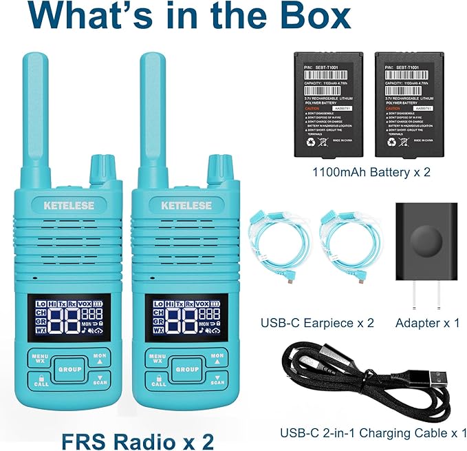 Walkie Talkies Long Range with Acoustic Tube Earpiece, Portable FRS Two-Way Radios, USB C Rechargeable walky talky for Adults, for School Restaurant Church Business(2 Pack), Blue