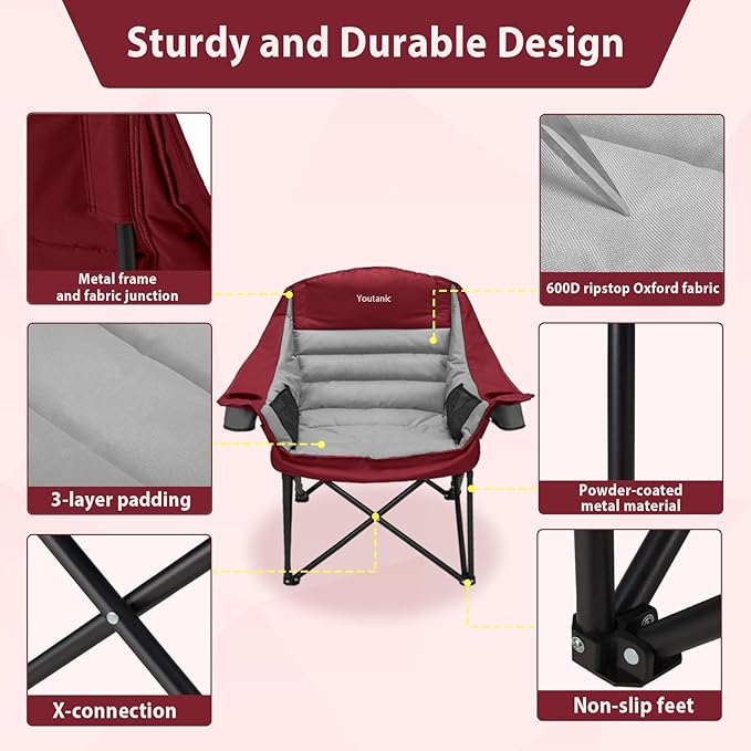 Oversized Camping Chair, Portable Folding Camping Chairs with Side Pocket, Cup Holder and Carry Bag, Heavy Duty Outdoor Camping Chairs for Adults, Fishing, Sports, Trip, up to 400lbs, Style 3