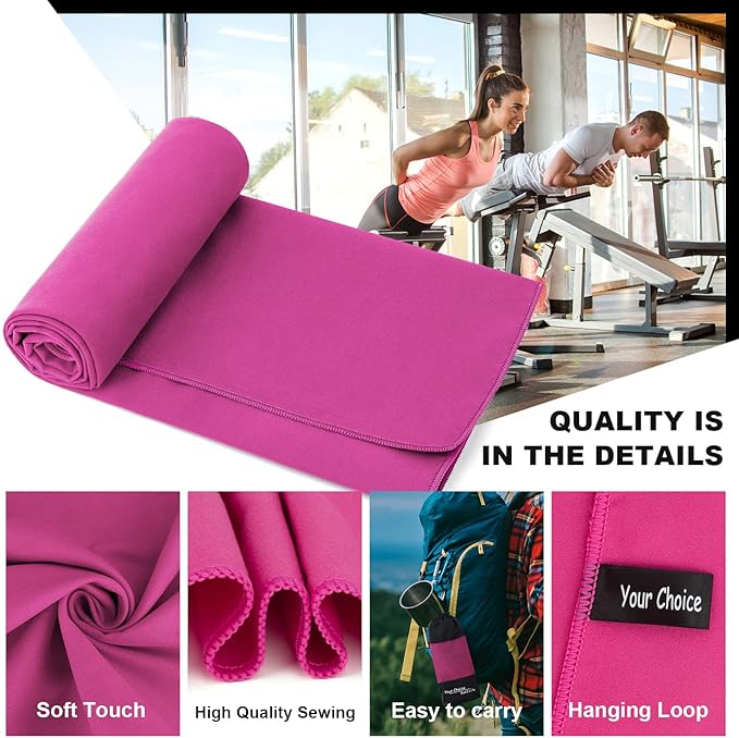 Your Choice 2 Pack Microfiber Travel Beach Towel (72x40 and 12x24 inch), Fast Drying, Super Absorbent, Lightweight, Ultra Compact. Perfect for Camping, Swimming, Yoga(XXLarge/Rose red)
