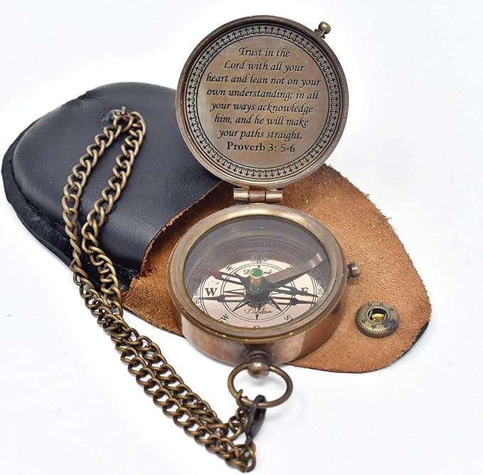 Trust in The Lord Engraved Compass, Proverbs 3: 5-16 Graduation gift, Compass with Stamped Leather case, Camping Compass, Boating Compass, Confirmation Gift Ideas, Religious Gifts, Missionary Gifts