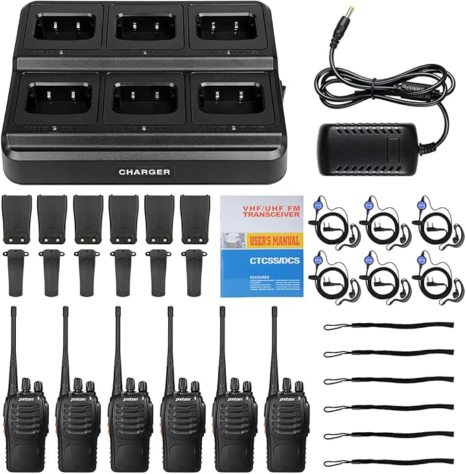walkie talkies for Adults Long Range with Upgraded Earpiece,radios walkie talkies Rechargeable Portable Two Way Radios with 6 Way Multi Gang Charger and Li-ion Battery (6 Pack)