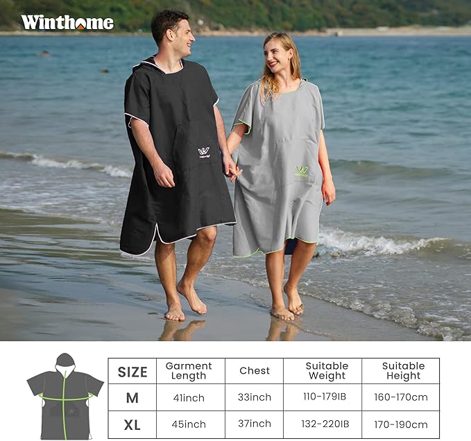 Winthome Surf Poncho Changing Robe Towel for Adults Men Women, Thin Microfiber Hooded Wetsuit Changing Towels with Pocket for Surfing Swimming Bathing Beach, Absorbent, Quick Dry