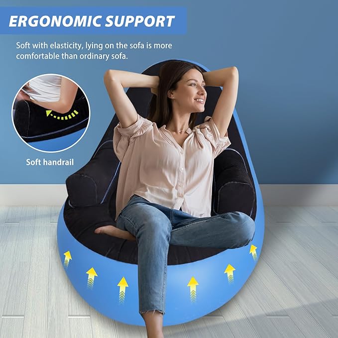 Inflatable Couch with Armrest&Ottoman, Blow Up Lounger Chair, Folding Lazy Sofa, Inflatable Furniture Without Pump for Camping, Fishing, Party, Beach, Sunbathing, Hiking (Blue)