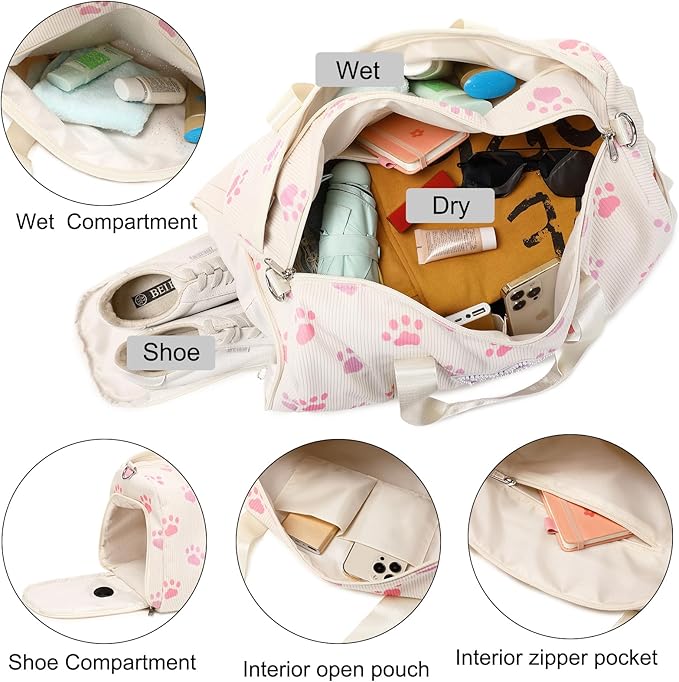Dance Bag for Girls Sports Duffle Bag Teen Gym Bag Ballet Bag with Separate Dry Wet Pocket and Shoes Compartment Weekender Overnight Bag for Teen Girls Corduroy Sequined Cat(Cat Beige)