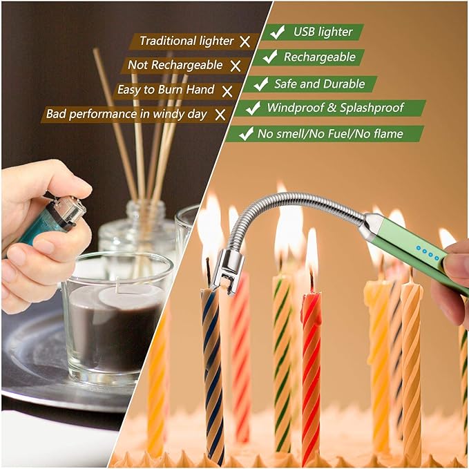 MEIRUBY Lighter Electric Candle Lighter Birthday Women's Day Gifts for Women Mom Wife Men, Long Electronic Rechargeable USB Lighter Arc Windproof Flameless Lighters for Candle Camping BBQ (Green)