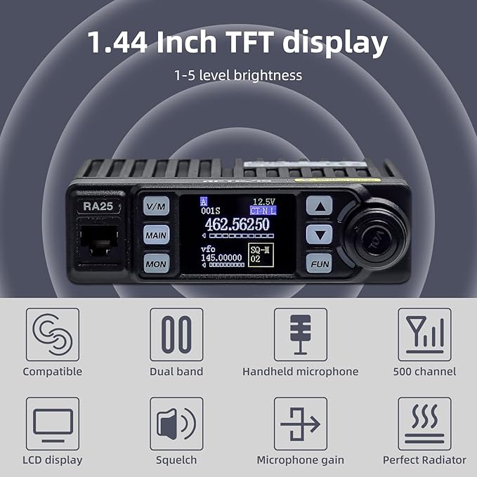 Retevis RA25 Dual Band Mobile Radio, Long Range Mini Mobile Car Transceiver, 500 Channels DTMF LCD Display, 2m 70cm Mobile Two Way Radio Mobile Car Radio for Vehicle Truck Traveling(1 Pack)