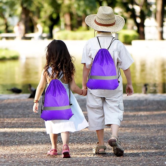 KUUQA 12 Pcs Drawstring Backpack Bag Bulk Reflective Backpack Purple String Bags Cinch Sack Backpack for Team Yoga Sport Gym Traveling