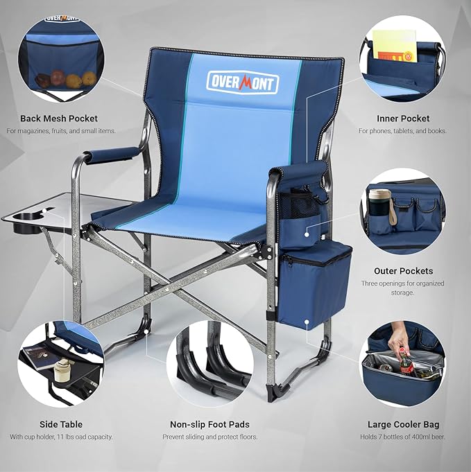 Overmont Oversized Lightweight Camping Chair - Comfortable Heavy Duty Foldable Directors Chairs with Side Table & Cooler Bag for Outside Camp Beach Picnic Lawn and Fishing Supports 400lbs