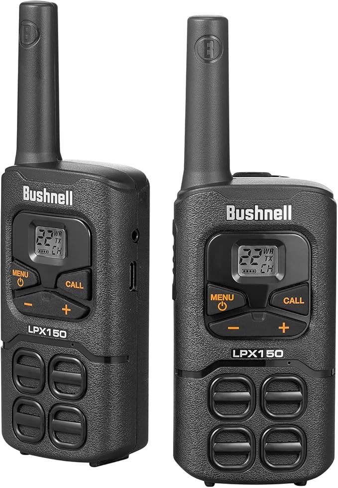 Walkie Talkies by Bushnell - LPX150 Long Range 2-Way Radio with NOAA Weather Radio - Heavy Duty Shock Resistant - 22 Channels & USB-C Charging (2 Pack)