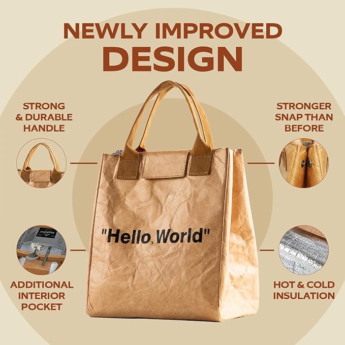 VonNova Insulated Lunch Box for Women, 7L Capacity, Leakproof Lunch Tote Bag, Durable Lunchbox made from Tyvek Material, Adult Cooler Bag for Work, Picnic, Travel and more (Hello World)