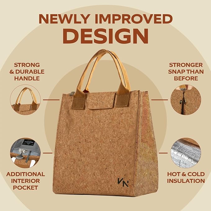 VonNova Insulated Lunch Box for Women, 7L Capacity, Leakproof Lunch Tote Bag, Durable Lunchbox made from Cork Material, Adult Cooler Bag for Work, Picnic, Travel and more (Cork)