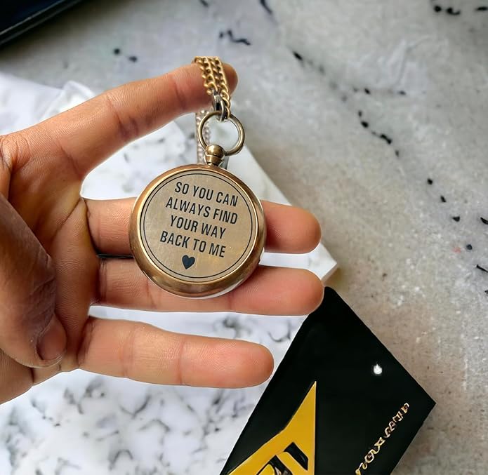 Solid Brass Compass Personalised Engraved with 'So You Can Always Find Your Way Back To Me', Compass on Chain with Leather Case for Birthday, Baptism, Anniversary or Hiking