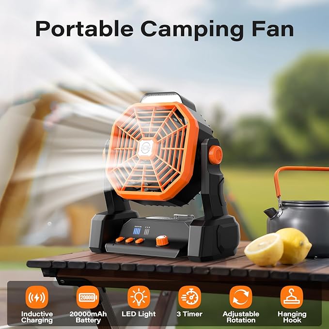 Portable Camping Fan Rechargeable with Inductive Charging Function, 20000mAh Battery Operated Fan with Lights, Outdoor Battery Powered Fan with Remote, 3 Timer for Picnic, Fishing, Travel, Home
