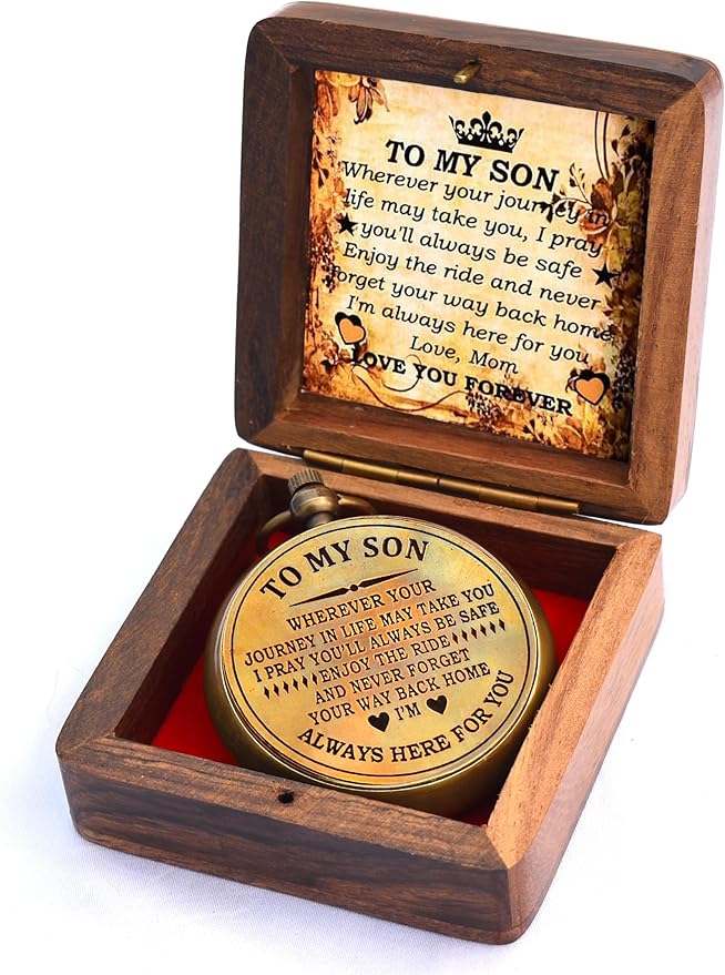 to My Son Compass with Wooden Box-Mom to Son Compass–Father to Son Gifts- to My Grandson -Graduation Day Gifts for Son-Birthday, Baptism, Graduation, Confirmation, Communion Compass for Women Men