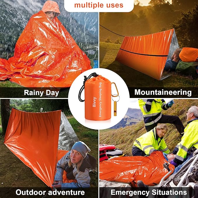 Emergency Sleeping Bags Thermal-Emergency-Blankets Ultralight Space Blankets Survival Waterproof Bivy Sack Multi-Purpose Survival Gear for Hiking, Camping, First Aid Kits, Outdoor Survival Gear