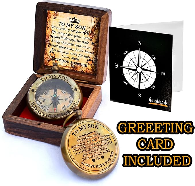to My Son Compass with Wooden Box-Mom to Son Compass–Father to Son Gifts- to My Grandson -Graduation Day Gifts for Son-Birthday, Baptism, Graduation, Confirmation, Communion Compass for Women Men