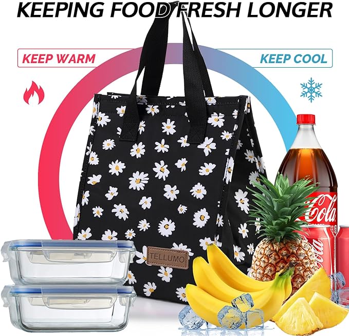 TELLUMO Lunch bag, Insulated Lunch Bag for Women Men Large Lunch Box Container Reusable Leakproof Tote for Office, Work, School, Beach or Travel (Black Daisy)