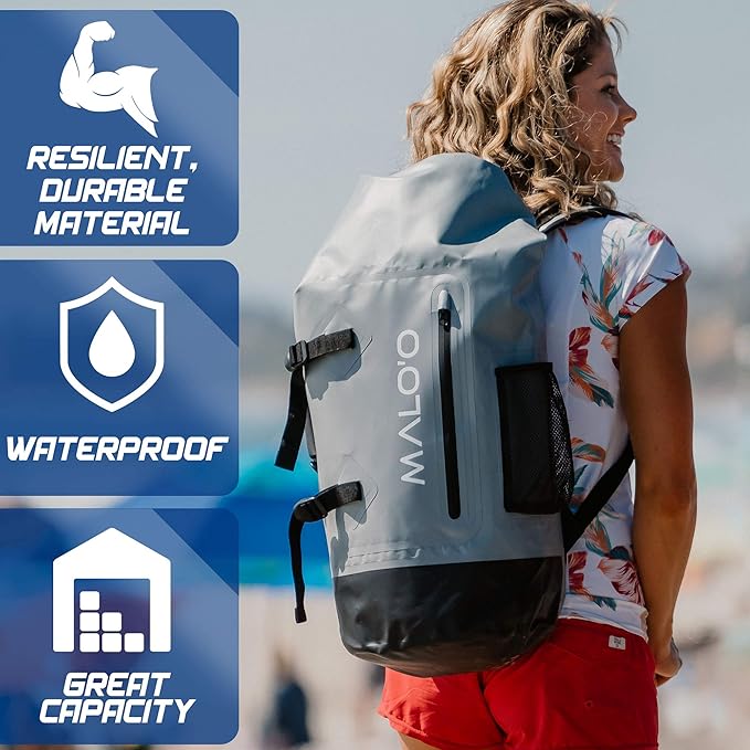Malo'o 45L Waterproof Heavy Duty Backpack Dry Bags for Kayaking, Camping, Fishing, Hiking Daypack - Beach Accessories, Boat accessories, and Travel Gear - Fishing Rod Case Straps (Dark Blue)