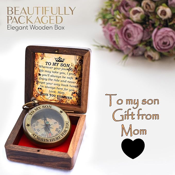 to My Son Compass with Wooden Box-Mom to Son Compass–Father to Son Gifts- to My Grandson -Graduation Day Gifts for Son-Birthday, Baptism, Graduation, Confirmation, Communion Compass for Women Men