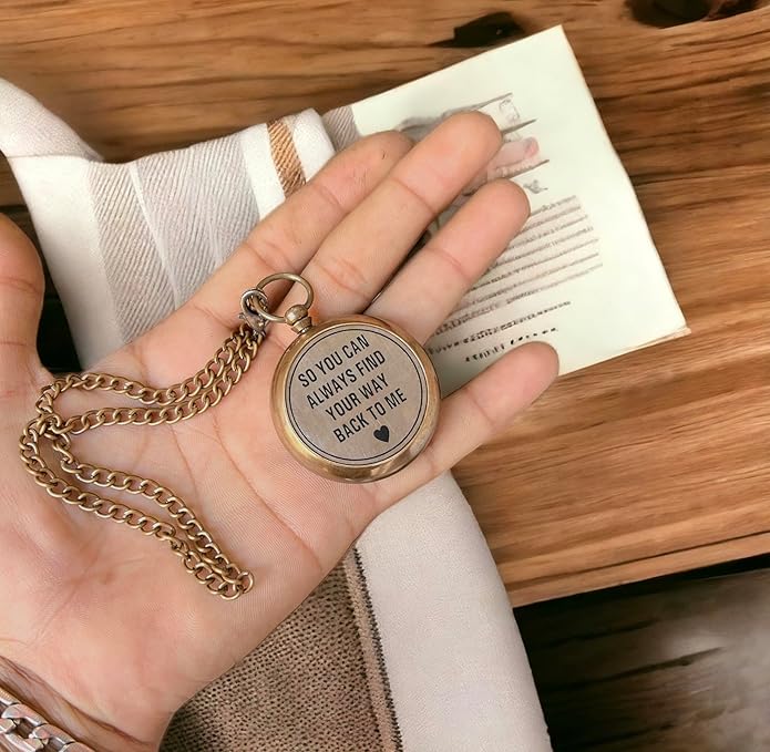 Solid Brass Compass Personalised Engraved with 'So You Can Always Find Your Way Back To Me', Compass on Chain with Leather Case for Birthday, Baptism, Anniversary or Hiking