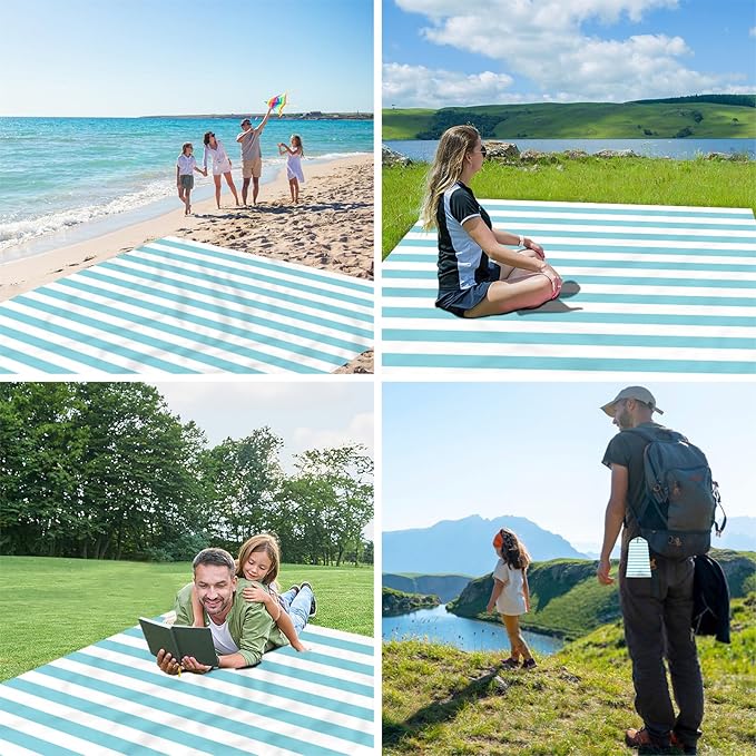 Beach Blanket Waterproof Sandproof, Large 78''×86'' Beach Picnic Blanket for 4 Adults with Stakes and Pocket, Sand Free Compact Pocket Beach Mat Essentials Accessories Must Haves-Blue Stripe