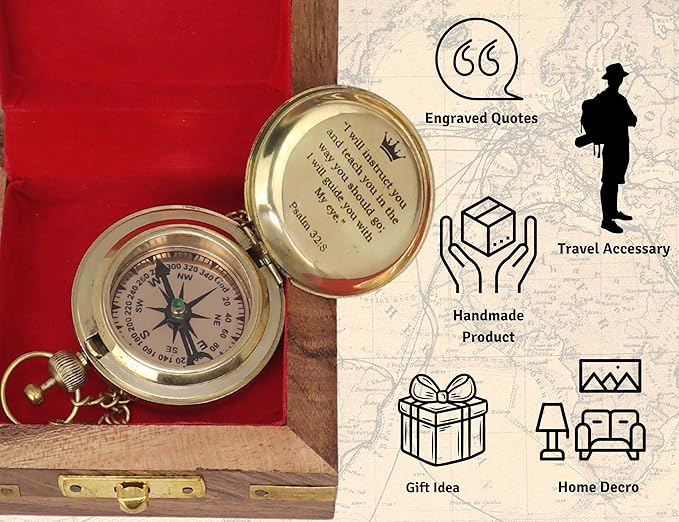 TVV-Christian Compass Gift for Him – Solid Brass Pocket Compass with Bible Verses – Baptism Gifts for Boys, Religious Compass Gift for Graduation, Confirmation – Includes Wooden Box & Greeting Card