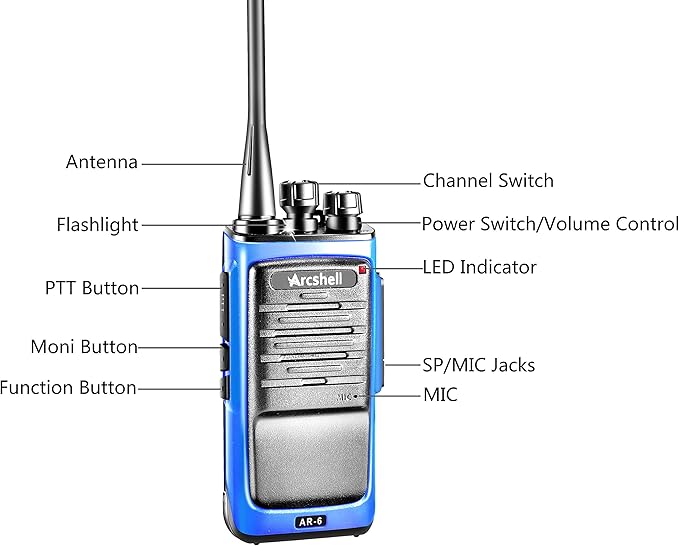 Rechargeable Long Range Two-way Radios with Earpiece 4 Pack Arcshell AR-6 Walkie Talkies Li-ion Battery and Charger included