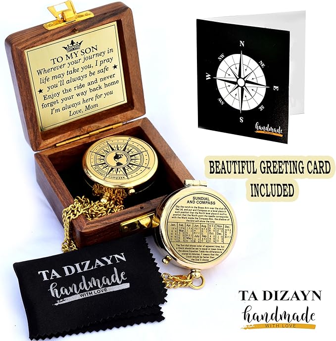 to My Son Compass with Wooden Box-Mom to Son Compass–Father to Son Gifts- to My Grandson -Graduation Day Gifts for Son-Birthday, Baptism, Graduation, Confirmation, Communion Compass for Women Men