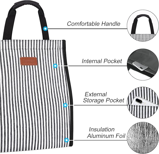 Lunch Bags for Women Insulated Reusable Lunch Tote with Internal Pocket, Lunch Tote bag for Work (Stripe)