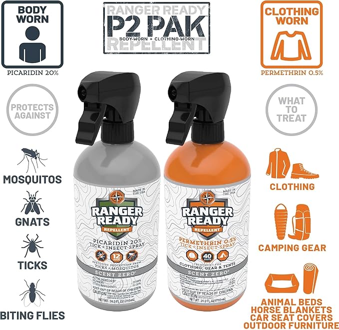 Ranger Ready Repellents P2Pak Permethrin + Picaridin 20% Tick & Insect Repellent, Scent Zero, 24 Fl Oz. (Pack of 2)