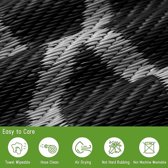 Easy-Going Reversible Outdoor Rugs 4x6ft Waterproof Plastic Straw Rug Stain & UV Resistant Floor Mat for Patio Porch RV Backyard Pool Deck Picnic Beach Trailer Camping (Moroccan Black & Light Grey)