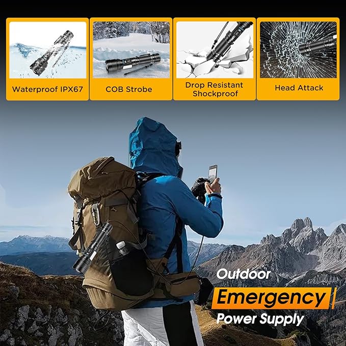 LED Flashlights High Lumens Rechargeable,990000 Lumens Super Bright Flashlight,High Powered Flashlight Zoomable,7 Modes,IPX67 Waterproof,Powerful Tactical Flashlight for Emergencies,Camping