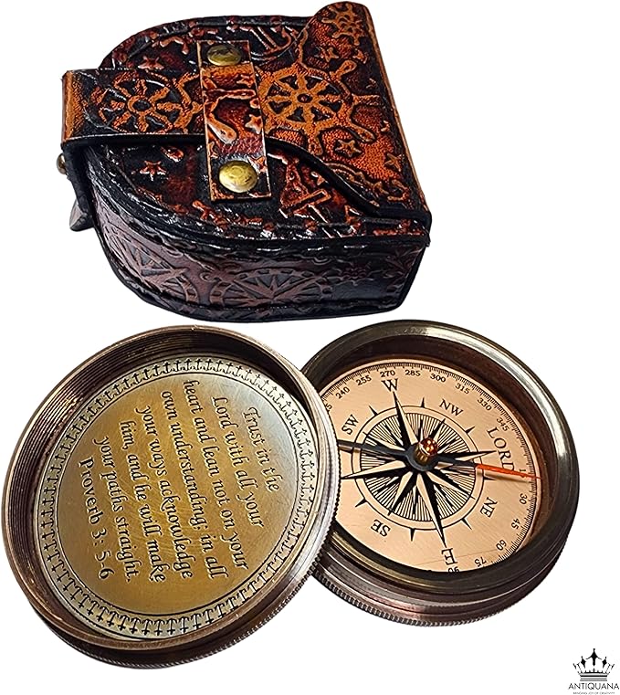 Trust in The Lord with All Your Heart - Proverbs 3:5-6 Quote Engraved Compass with Wooden Box or Leather case, Greeting Card, Gift Compass, Graduation Day Gifts 2025 for Women Men Boys Girls