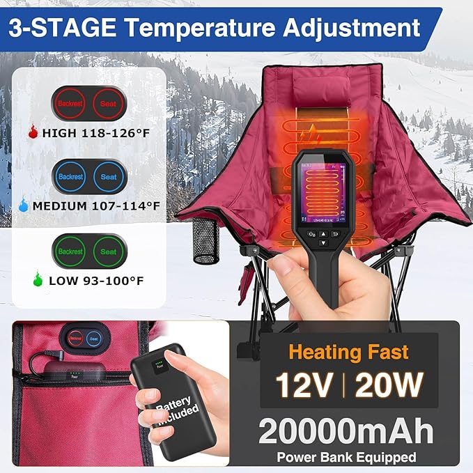 Slendor Oversized Rocking Camping Chair, XL Heated Camping Chair w/ 3 Levels Heat for Back+Seat, Padded Rocking Lawn Chair with 20000 mAh Power Bank, Pillow, Side Pocket, Carry Bag, Wine Red