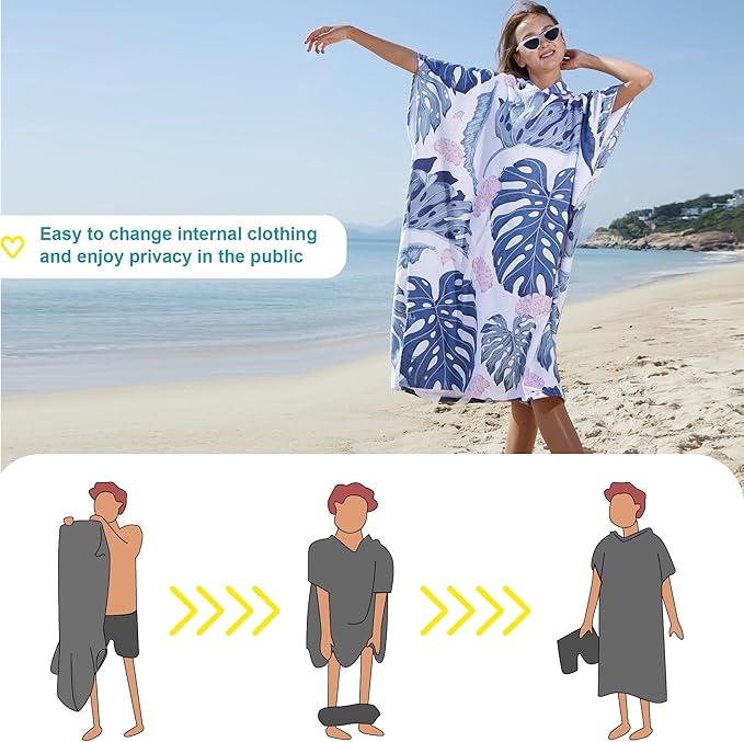 Rainleaf Surf Poncho Changing Towel Quick Dry Pool Swim Beach Towel with Hood and Front Pocket Warm and Soft Microfiber RobeTowel for Women and Men Gray-Leaf Print