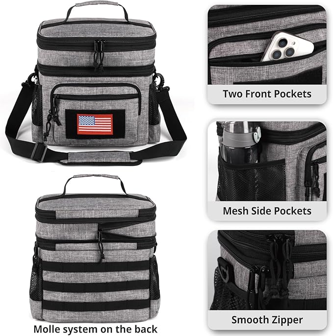 ATRIPACK Lunch Bag for Men, Double Deck Tactical Lunch Box Work with Shoulder Strap MOLLE Webbing Large Lunch Cooler Leakproof Insulated (Grey)