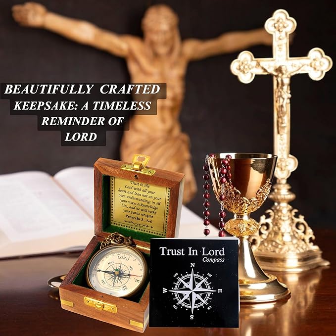 Trust in The Lord with All Your Heart -Proverbs 3: 5-6 Quote Engraved Compass with Wooden Box. Greeting Card, Inspirational Gift Men, Christian Boys Baptism Gifts, Graduation Day