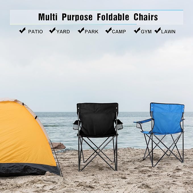 Foldable Camping Chair Set of 2, HaSteeL Folding Camp Chairs & Carrying Bags for Adults, Portable for Lawn, Outdoors, Fishing, Hiking, Travel, Picnic, Beach, Oversized & Supports 275lbs (Black & Blue)