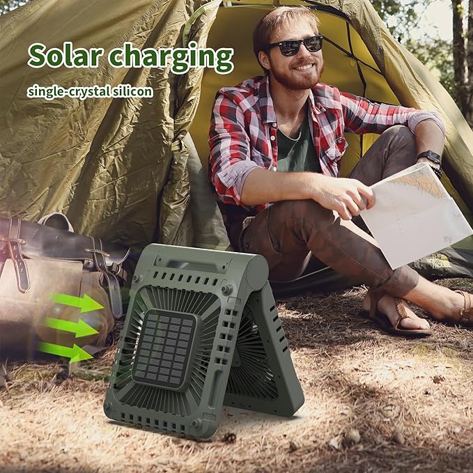Triple-Power Solar Camping Fan 10000mAh Portable Fan/LED Lantern/Power Bank, 3-Speed Settings with Solar Charging & Timer & Bracket - Compact Cooling for Outdoor/Tent/Workspaces (Green)