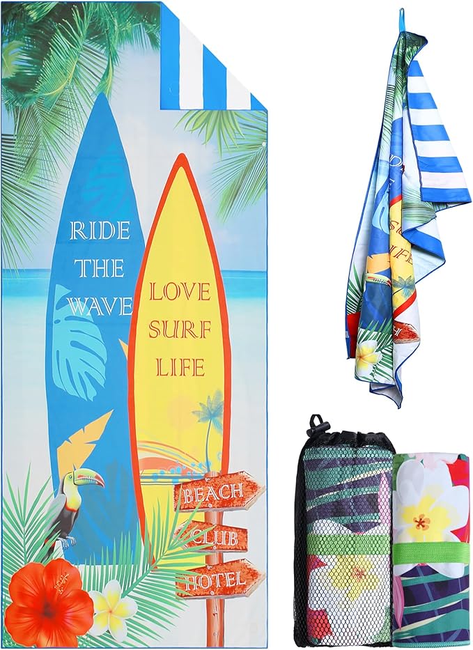 Microfiber Large Beach Towel - Big Camping Towels Fast Drying Lightweight 62x32 Inch, Sand Free Portable Pool Towel with Pouch, Buckles, Elastic Band for Travel, Fitness, Yoga, Sauna, Swim