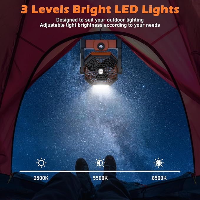 Camping Fan Rechargeable, 10400mAh Portable Battery Operated Camping Fan for Tents, Hangable USB Silent Camping Fans with LED Lantern, Suitable for Fishing, Camping, Bedroom, Workplace (Orange)