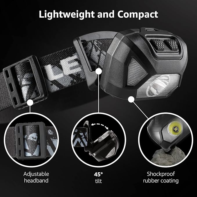 Lepro 320015 Battery Powered Headlamp - 1300Lux Super Bright LED Head Lamp with Red Light, IPX4 Waterproof Headlights for Outdoor Camping, Hiking, Hunting, Power Outages, Emergency, Hurricane, 2 Pack